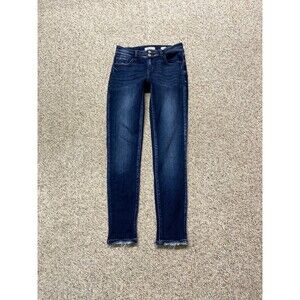 27 Kancan Mid Rise Ankle Skinny Double Buttons Dark Wash Distressed Hem